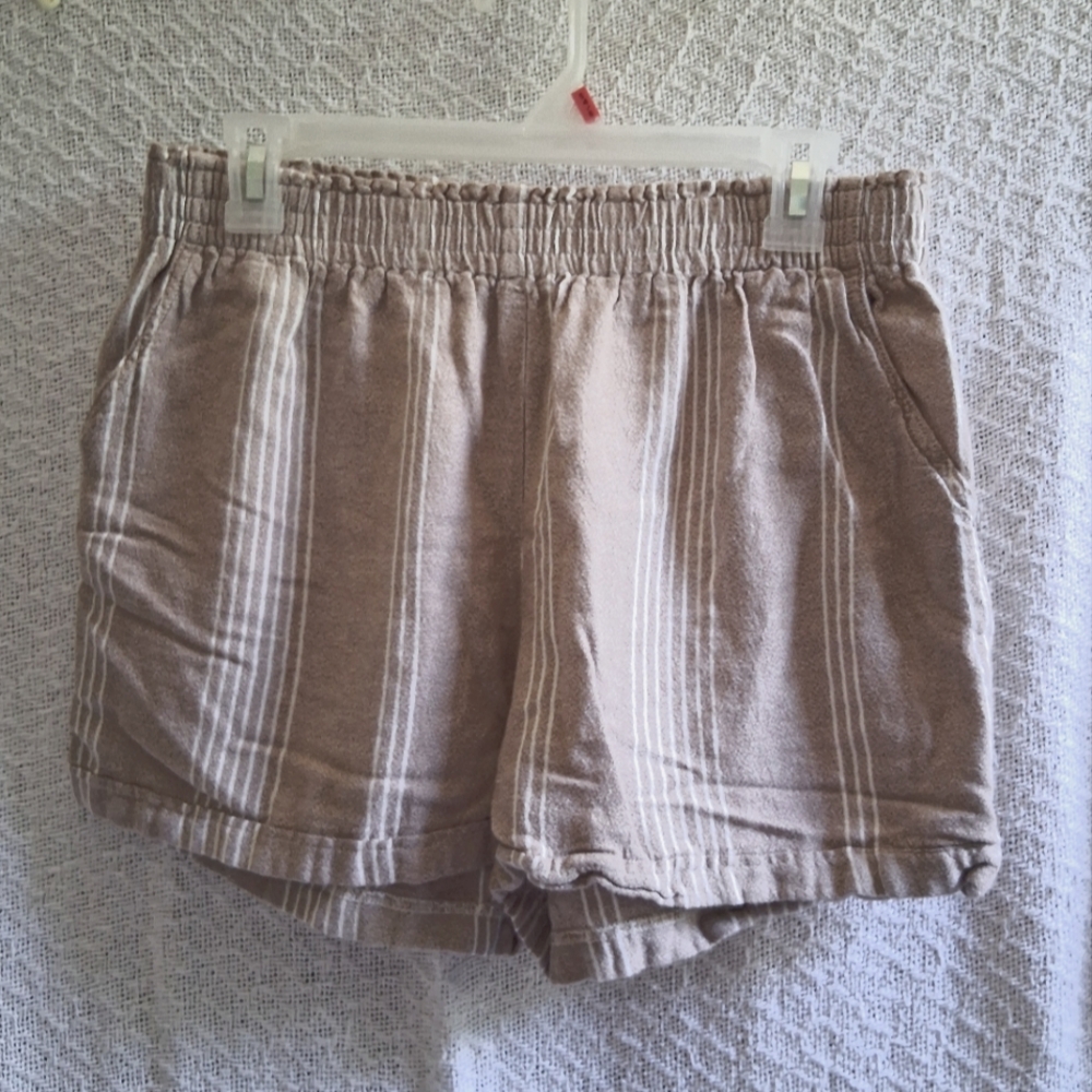 Ady P Womens Cotton Linen Blend Paperbag Shorts Beige Striped Size Medium